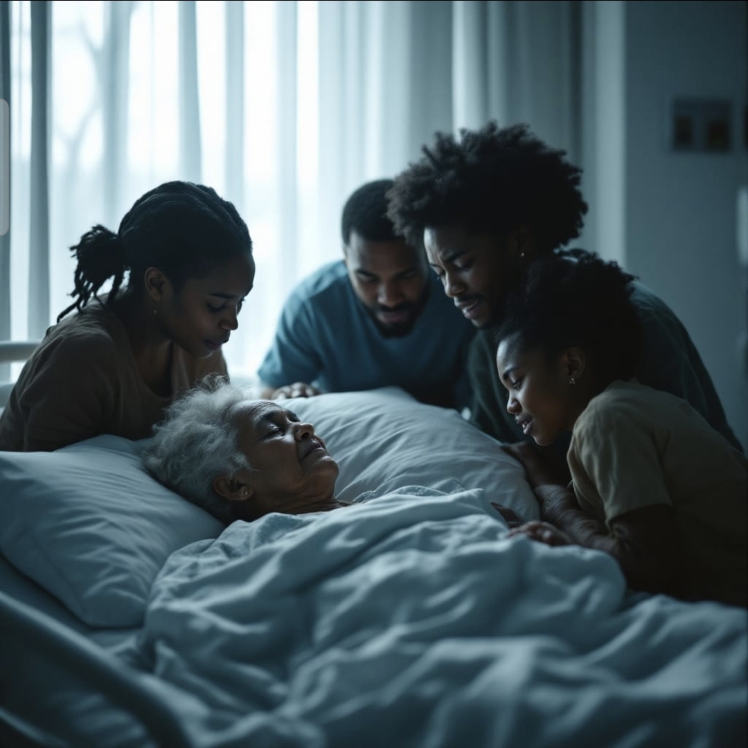 Family gathered around loved one in hospital bed